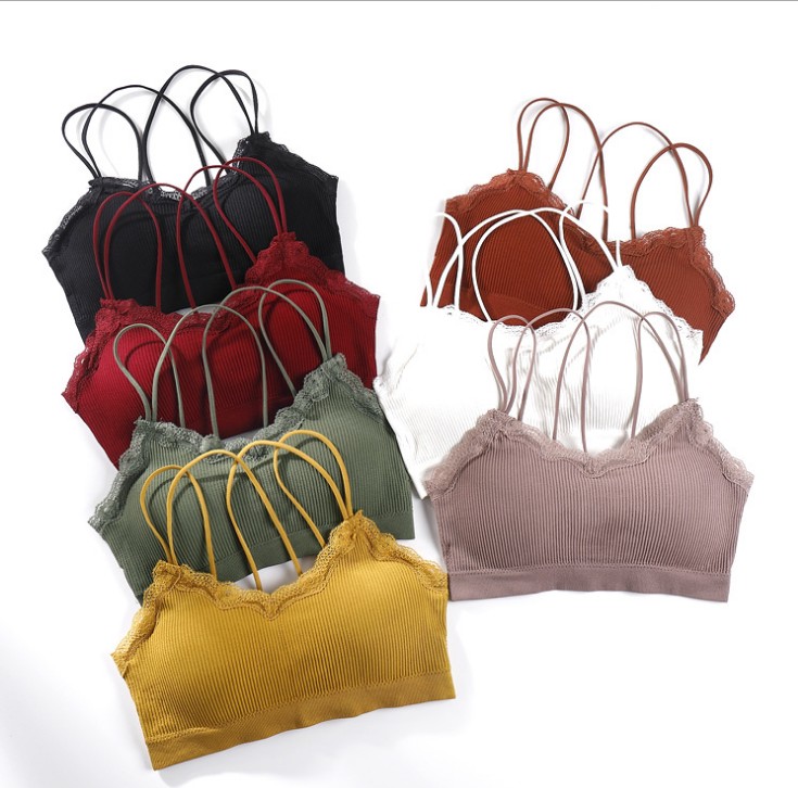 女士吊带交叉美背裹胸螺纹打底防走光内衣女可拆胸垫