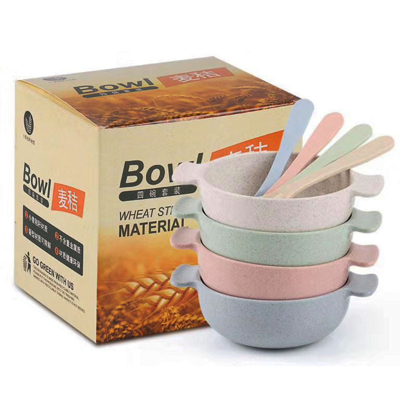 Degradable environmentally friendly wheat straw bowl with spoon binaural wheat bowl Kraft paper gift box for children bowl RS-8417