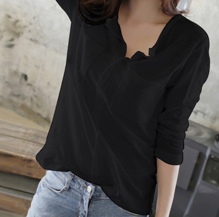 Women's bamboo-joint cotton long-sleeved T-shirt, women's V-neck large size loose T-shirt, open-neck base layer Specification image