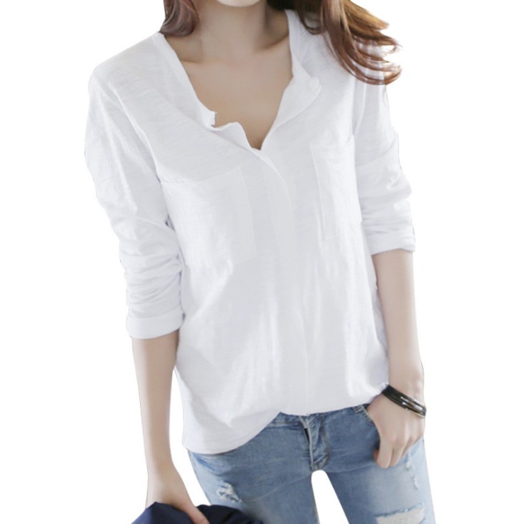 Women's bamboo-joint cotton long-sleeved T-shirt, women's V-neck large size loose T-shirt, open-neck base layer details Picture