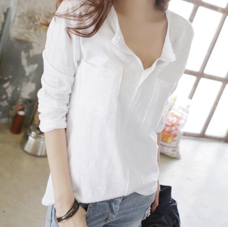 Women's bamboo-joint cotton long-sleeved T-shirt, women's V-neck large size loose T-shirt, open-neck base layer