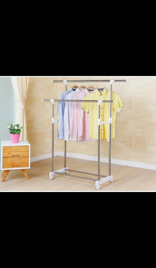 双杆不锈钢伸缩落地式晾衣架室内移动挂衣架阳台简易加厚衣服架子