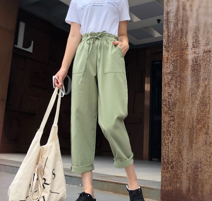 New pure cotton nine-inch Harem pants, fashionable and versatile high-waisted wide-leg pants, straight-leg pants details Picture