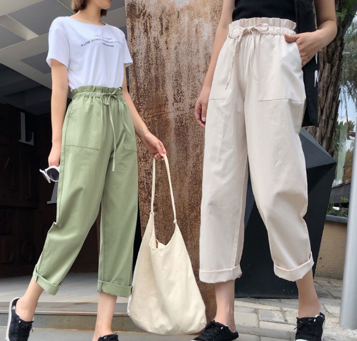 New pure cotton nine-inch Harem pants, fashionable and versatile high-waisted wide-leg pants, straight-leg pants