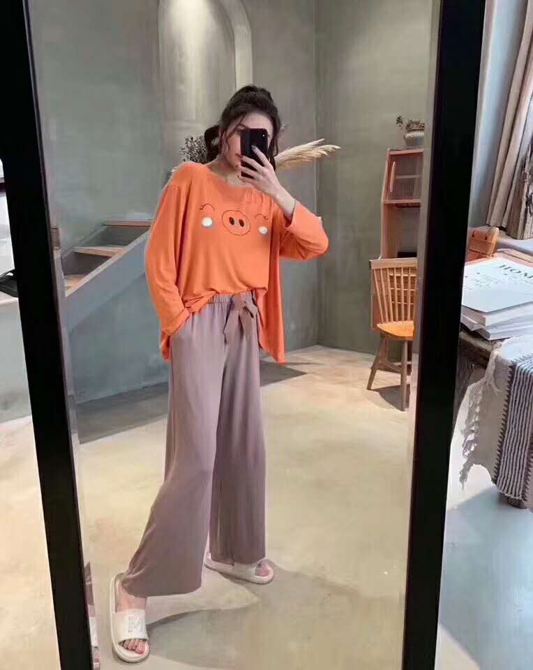 Color-blocking lucky little pig three-piece cartoon home wear, women's pajama set, large size long-sleeved Specification image