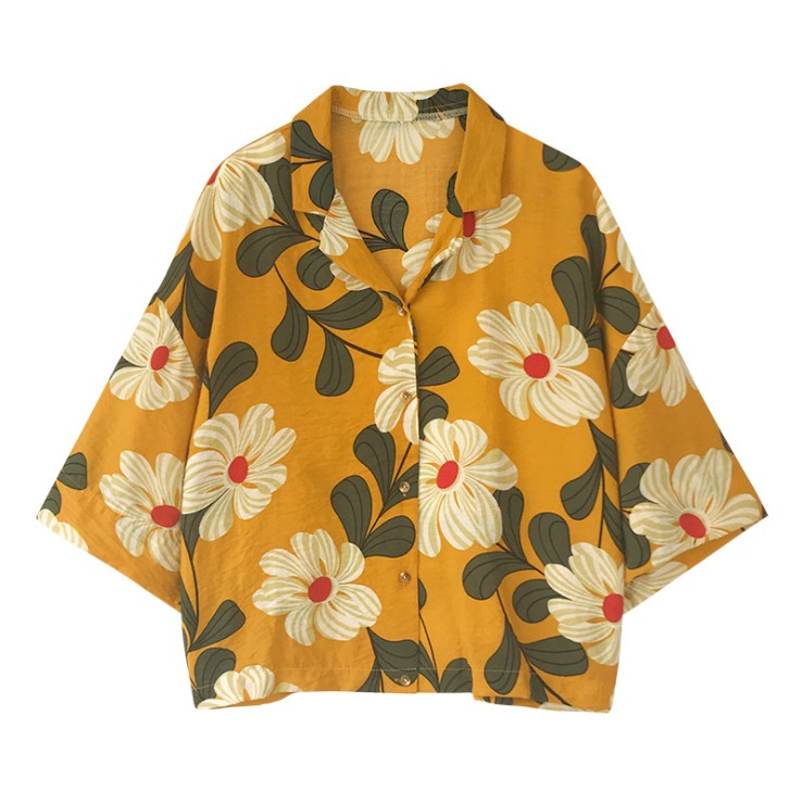 Hong Kong-style printed suit collar shirt women's three-quarter sleeve top loose and slimming Korean-style shirt trend details Picture