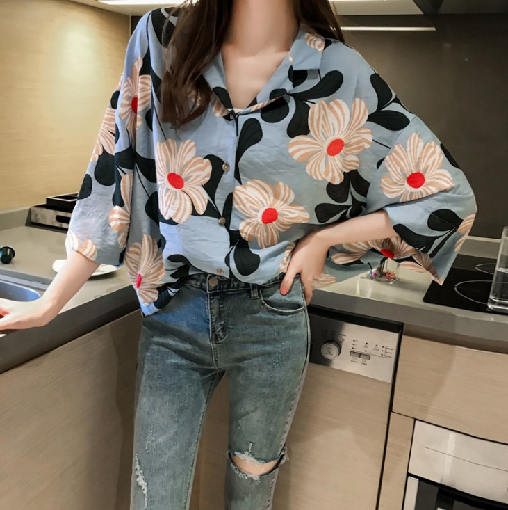 Hong Kong-style printed suit collar shirt women's three-quarter sleeve top loose and slimming Korean-style shirt trend Specification image