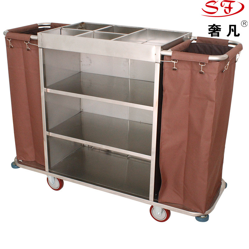 Hotel and guesthouse stainless steel double-sided linen cart, room entrance service cart, hand-pushed cleaning work cart details Picture