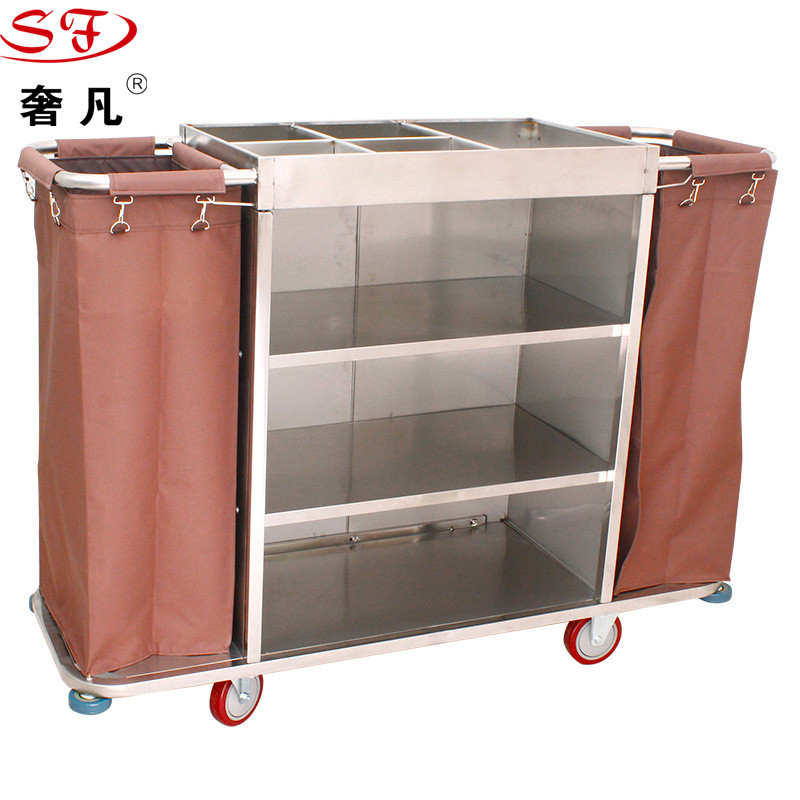 Hotel and guesthouse stainless steel double-sided linen cart, room entrance service cart, hand-pushed cleaning work cart Specification image