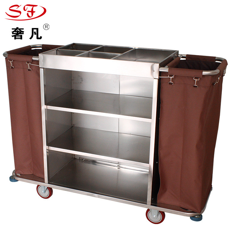 Hotel and guesthouse stainless steel double-sided linen cart, room entrance service cart, hand-pushed cleaning work cart Application Scenario