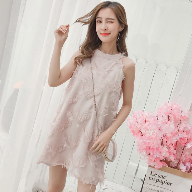 Summer socialite halter chanel-style loose A-line dress, pink sleeveless chiffon dress for women in summer details Picture