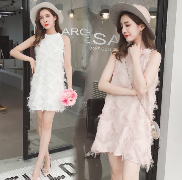 Summer socialite halter chanel-style loose A-line dress, pink sleeveless chiffon dress for women in summer