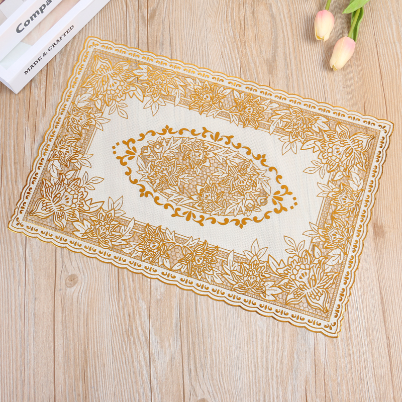Rainbow Home Furnishing produces rectangular 30*46cm PVC hollowed-out gold and silver embossed placemats, coffee tables and tray MATS full figure