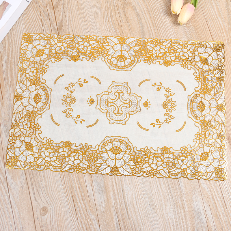 Rainbow Home Furnishing produces rectangular 30*46cm PVC hollowed-out gold and silver embossed placemats, coffee tables and tray MATS details Picture