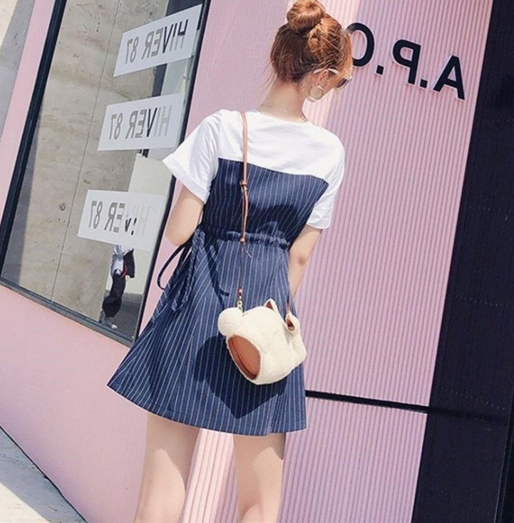 New short-sleeved, waist-cinching and slimming, two-piece striped French niche dress Specification image