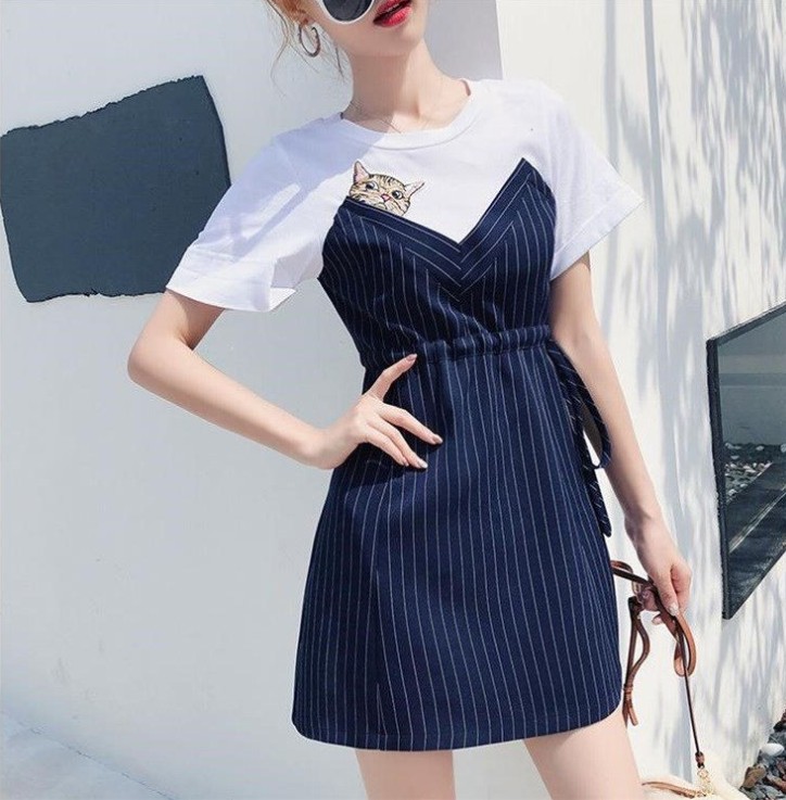 New short-sleeved, waist-cinching and slimming, two-piece striped French niche dress Application Scenario