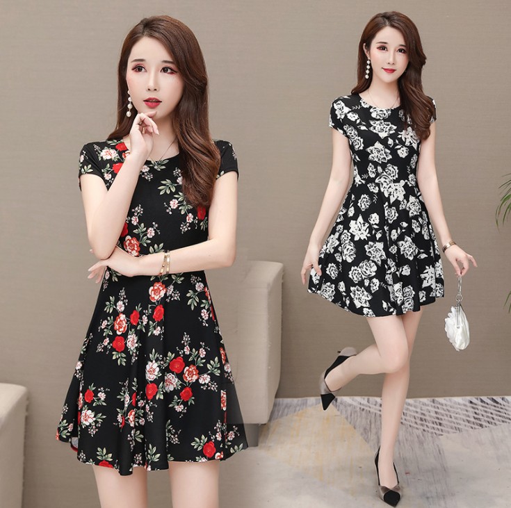 Summer new mid-length mom dress with floral prints, large-sized dress, short-sleeved printed base A-line dress