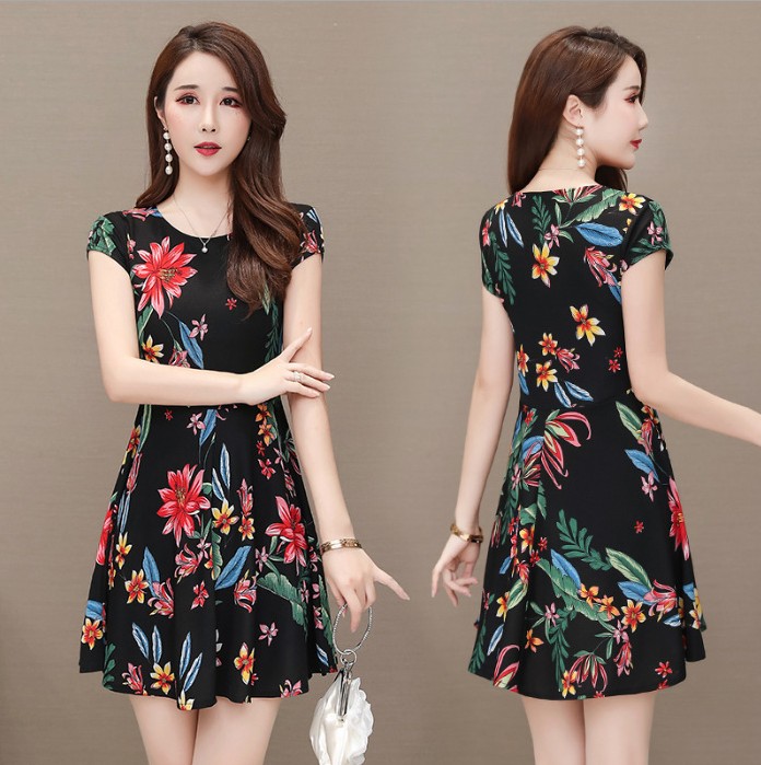 Summer new mid-length mom dress with floral prints, large-sized dress for middle-aged people, short-sleeved printed A-line dress