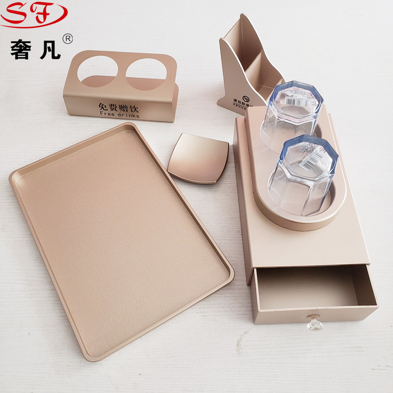 Hotel supplies, room storage box, five-piece set, toothbrush box, complimentary drink rack, remote control rack, soap dish tray, toiletries box Specification image