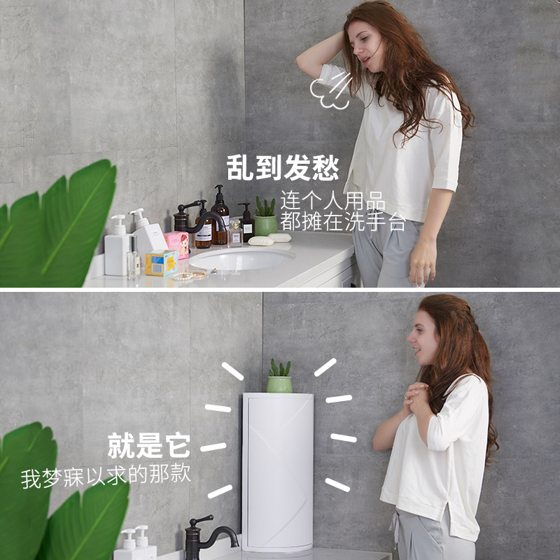 Douyin wall-absorbing plastic storage and organization rack, rotating triangular storage rack, kitchen and bathroom dust-proof storage cabinet, corner rack details Picture