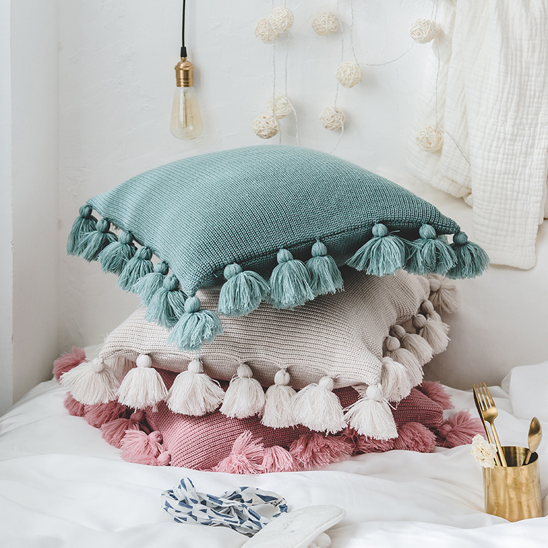 Ins Nordic Wool Knitted Throw Pillow Sofa Pillow Cushion Waist Square Household Items Tassel Lantern Ball details Picture