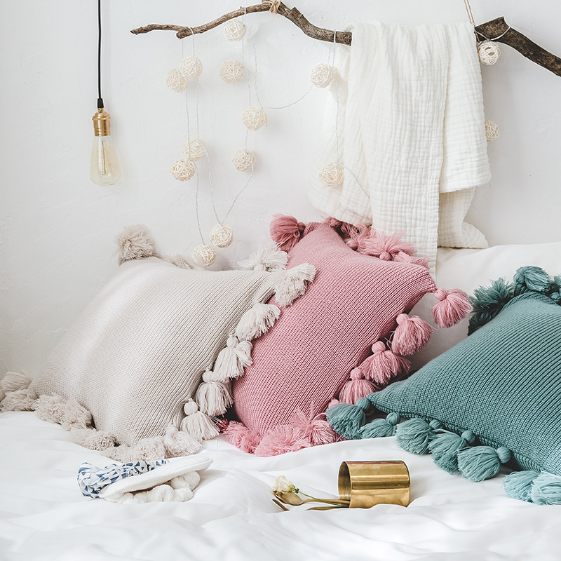 Ins Nordic Wool Knitted Throw Pillow Sofa Pillow Cushion Waist Square Household Items Tassel Lantern Ball