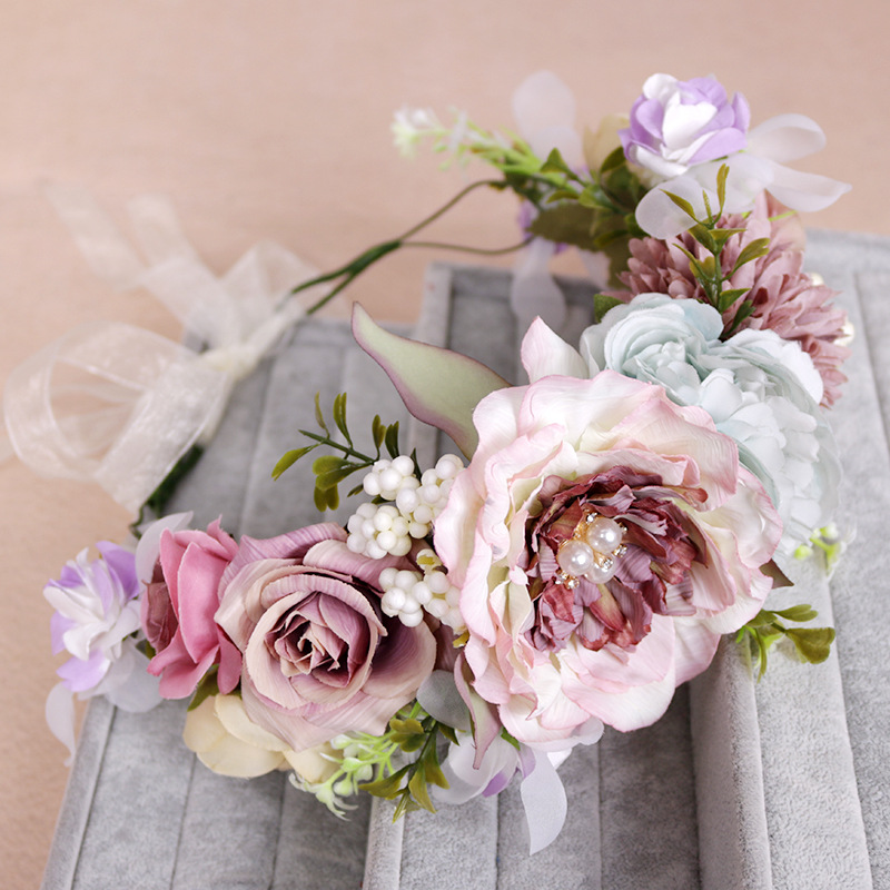 New European and American pearl rose garland semi-ring forest-style simulated flower hair band and headband Bohemian grotto headwear for women Specification image