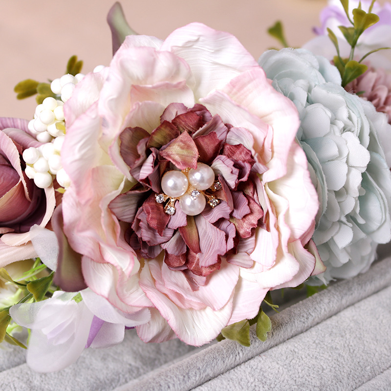 New European and American pearl rose garland semi-ring forest-style simulated flower hair band and headband Bohemian grotto headwear for women Item Picture