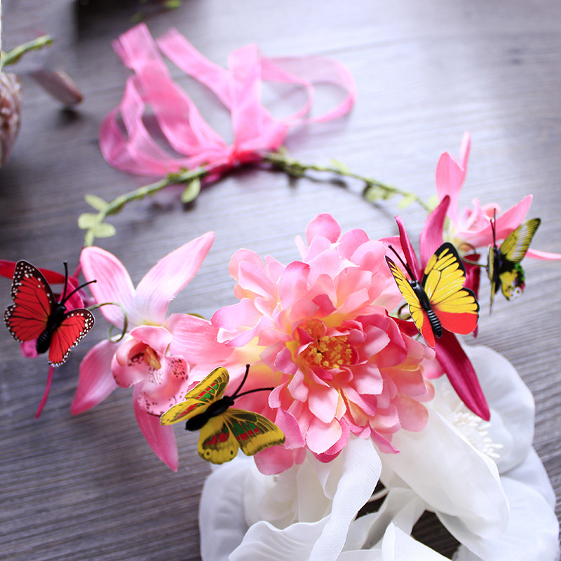 Summer flower garlands, pink butterflies, exotic hair bands and headbands for brides, wedding dress headwear and headflowers are selling well in foreign trade