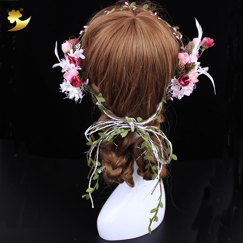 Forest-style rose and rattan garland, Korean-style handmade paper rope, evening mist flower tassels, girls' and children's garland headwear details Picture