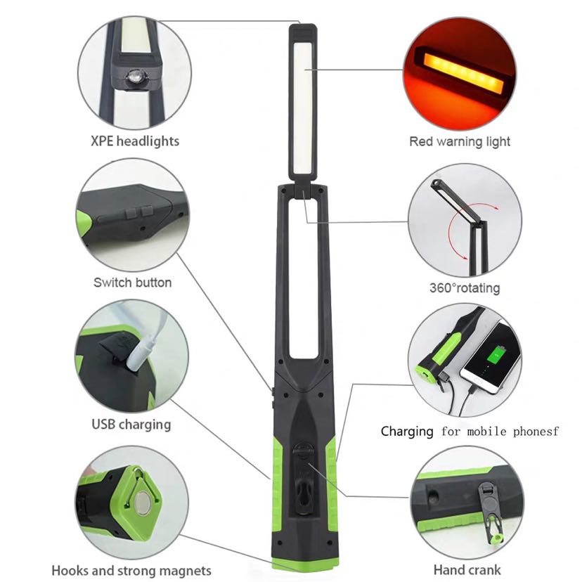 USB rechargeable Manual rechargeable COB folding work light Auto maintenance light with magnet warning red light