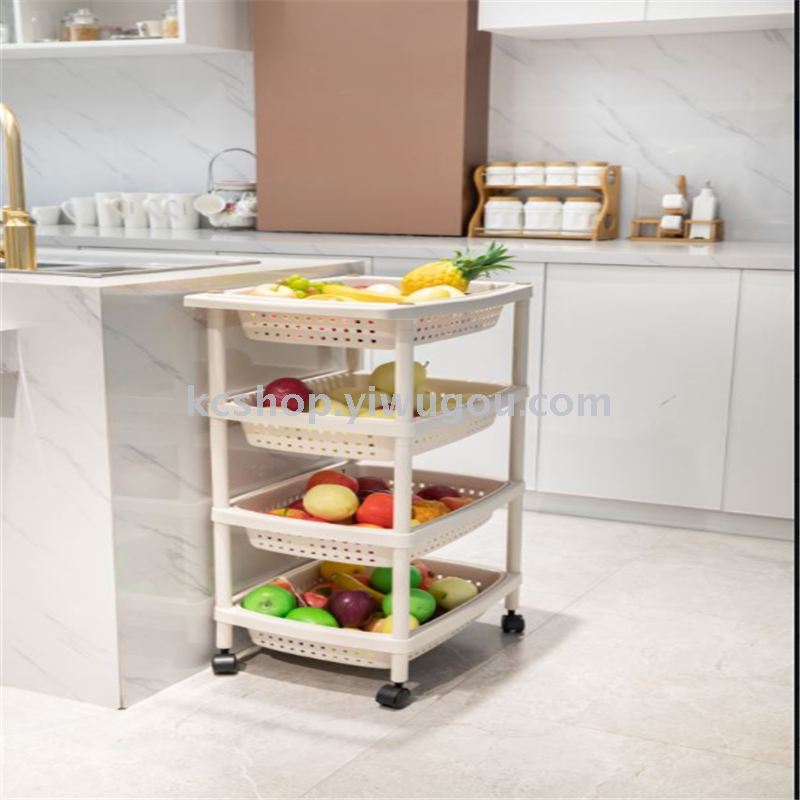 Plastic multi-layer storage rack, kitchen fruit and vegetable basket, and wheeled push-type storage rack