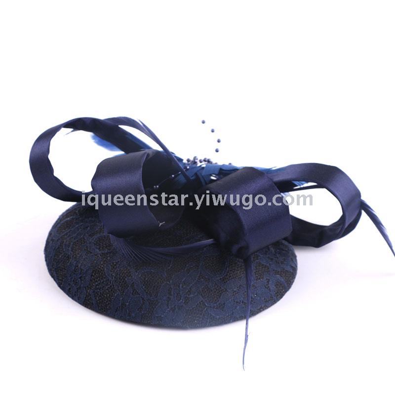 A popular Korean-style bride's top hat with lace and tulle headwear, embroidery, handcrafted feathers, photo studio headwear details Picture