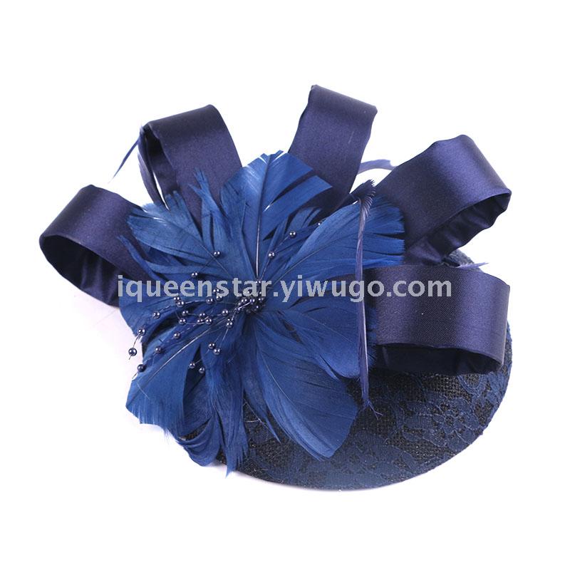 A popular Korean-style bride's top hat with lace and tulle headwear, embroidery, handcrafted feathers, photo studio headwear