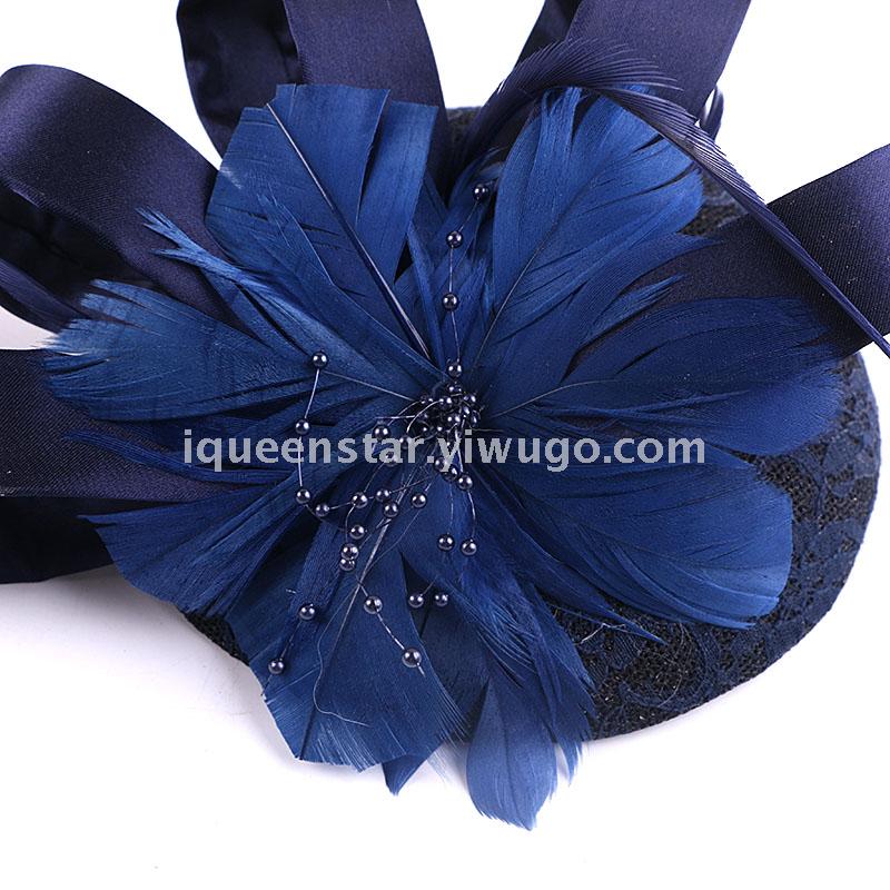 A popular Korean-style bride's top hat with lace and tulle headwear, embroidery, handcrafted feathers, photo studio headwear Specification image