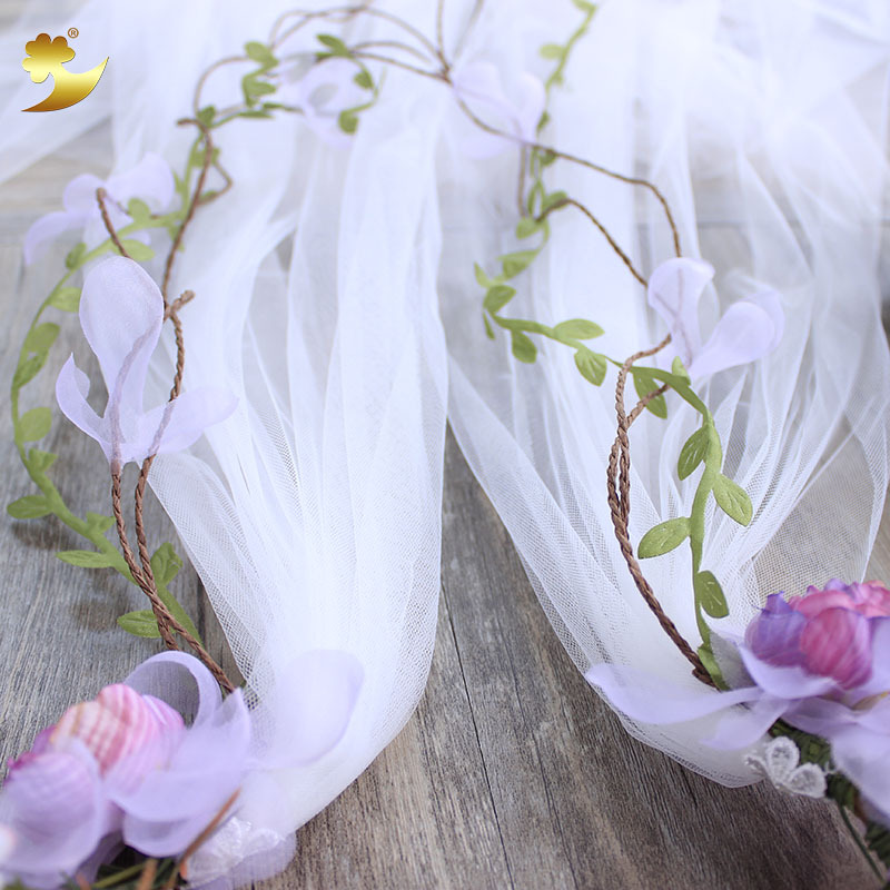 European and American exaggerated two-color garland veil for brides, hand-woven purple and red two-color rose bud garland veil Specification image