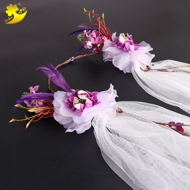 Factory wholesale Hawaiian flower garlands, veils, bride headwear, realistic forest girl photo studio photography, purple and white accessories for women Specification image