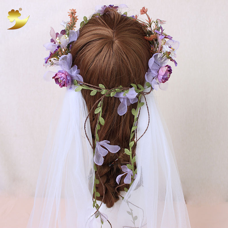 European and American exaggerated two-color garland veil for brides, hand-woven purple and red two-color rose bud garland veil