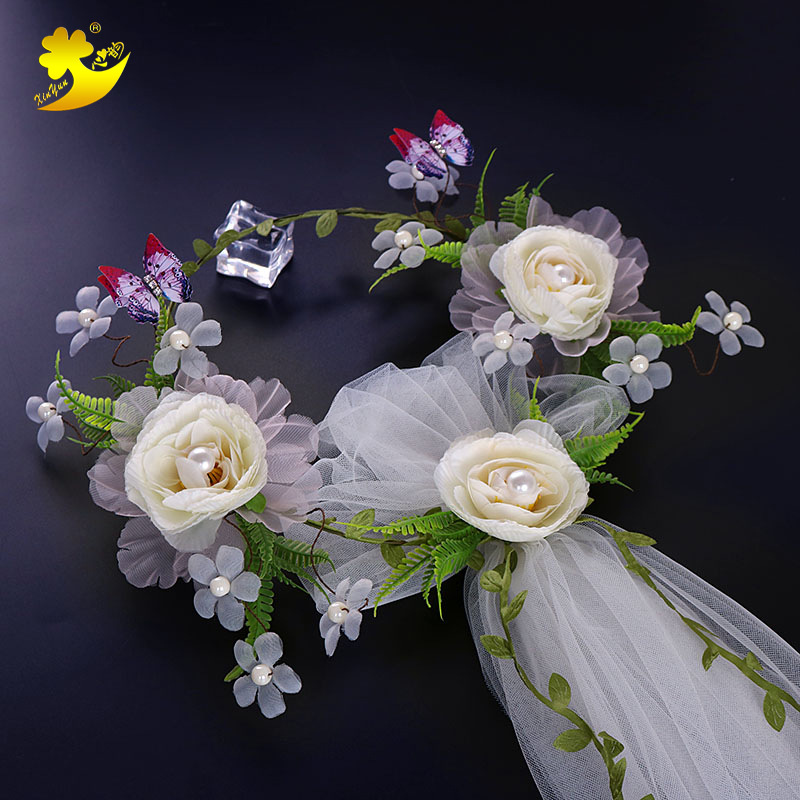 Korean forest-themed bridal veil, purple-red butterfly bud veil, seaside photo studio photography, wedding dress accessories