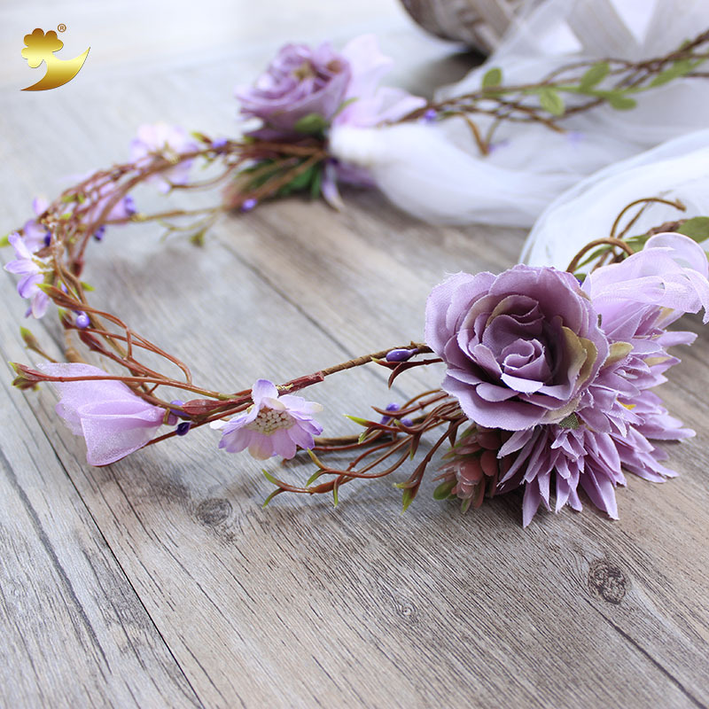 European and American purple fringed veil for brides, hand-woven dark purple rose wedding dress and dress garland veil details Picture