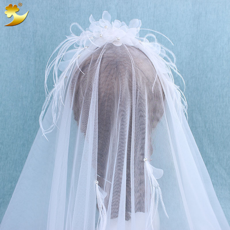 European and American children's festival performance veil bride wedding net veil beige ostrich hair fairy veil manufacturer wholesale female