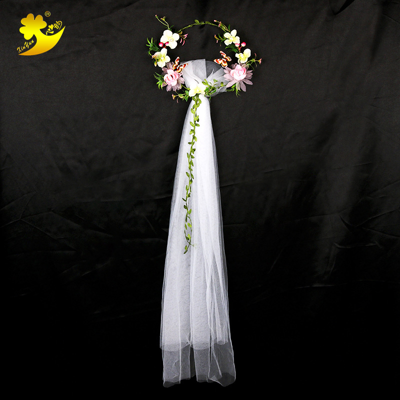 Korean bride forest style 2018 new veil beach photo bow garland veil light pink princess veil Specification image