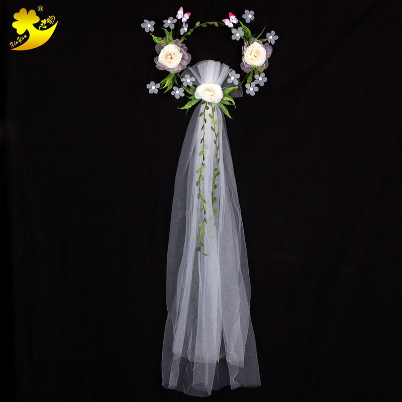 Korean forest-themed bridal veil, purple-red butterfly bud veil, seaside photo studio photography, wedding dress accessories details Picture