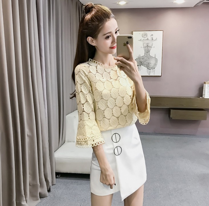 Lace base layer blouse for women, long-sleeved loose flared sleeves, small blouse with cutouts details Picture