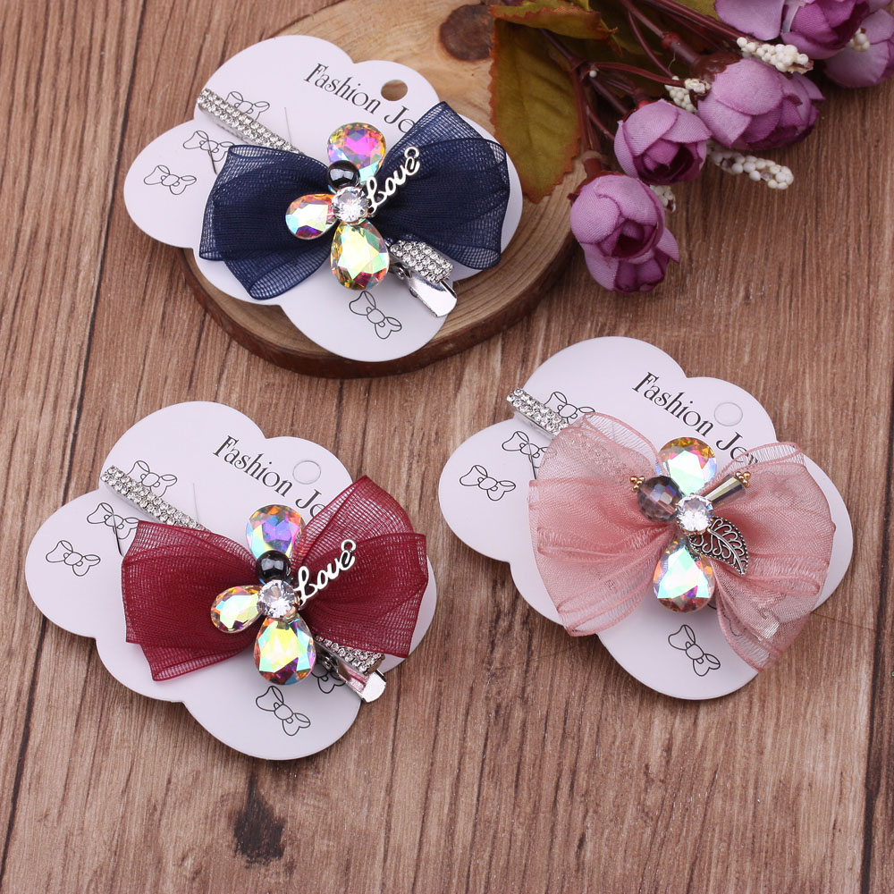 10-yuan store accessories, Dongdaemun luxury headwear, rhinestone bow hair clips, adult women's hair accessories, side clips, duckbill clips details Picture