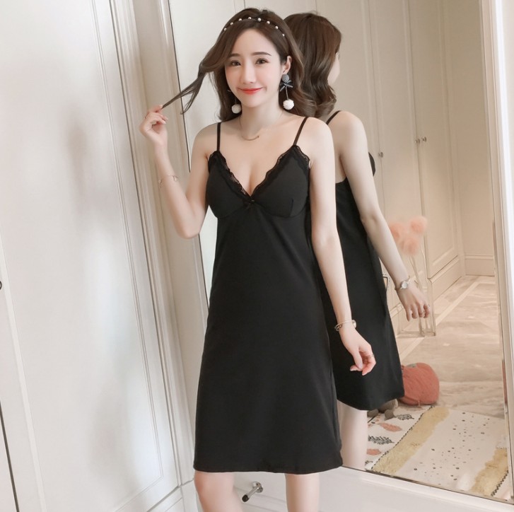 Invisible cushioned halter nightgown for women, sleeveless vest, V-neck lace mid-length skirt, home wear Specification image