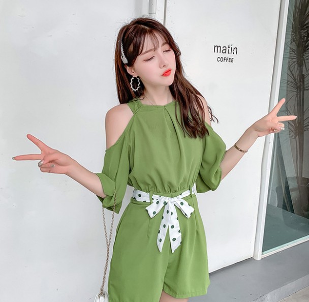 Matcha green retro off-the-shoulder high-waisted jumpsuit for women, a youthful and casual wide-leg two-piece set details Picture