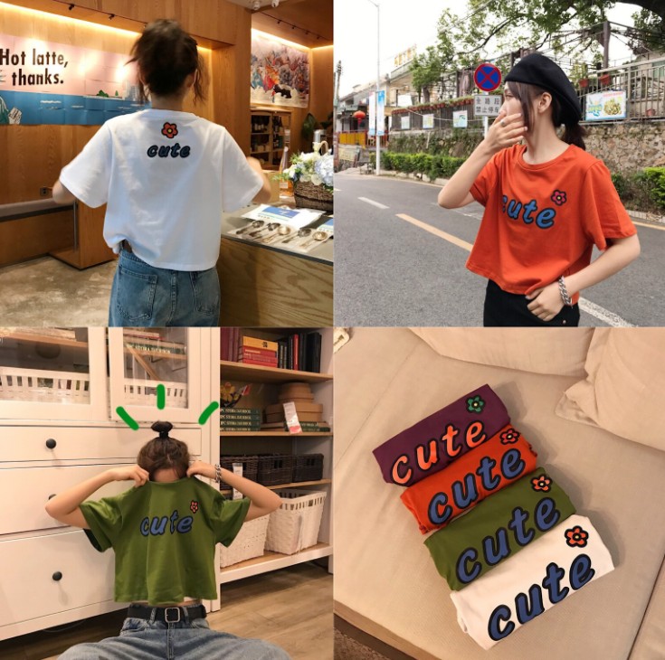 Korean retro Hong Kong-style loose and versatile short T-shirt women's student short-sleeved top details Picture
