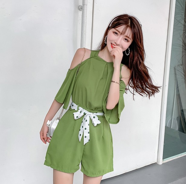 Matcha green retro off-the-shoulder high-waisted jumpsuit for women, a youthful and casual wide-leg two-piece set