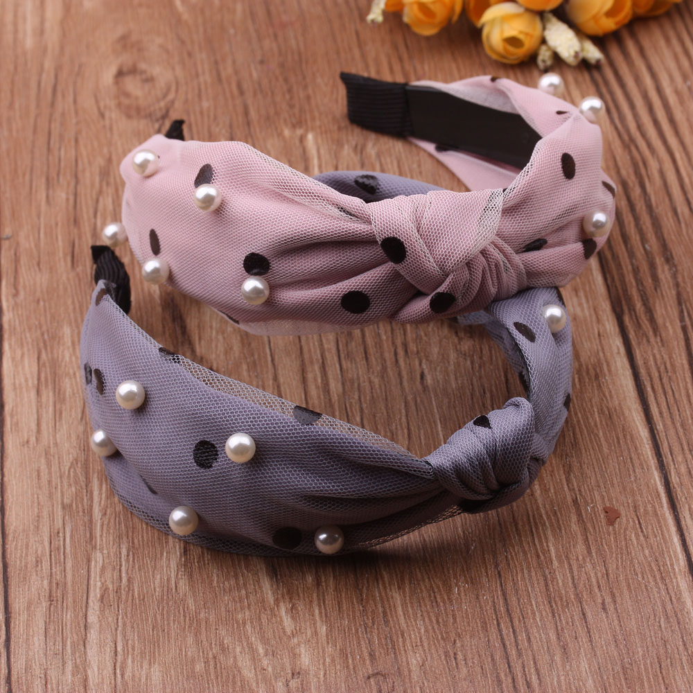 Boutique supply: Large silk bow headband, Korean pearl inlaid wide polka dot sweet headband, women's hair accessory